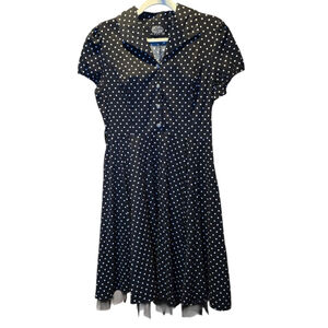 Women's Vintage Hearts & Roses Black White Polka Dot Pin Up Dress Size 12